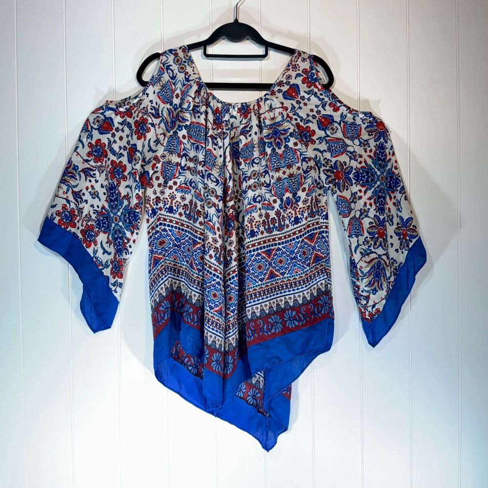 Cato Cold Shoulder Blouse Blue Red Floral Paisley Handkerchief Hem Top